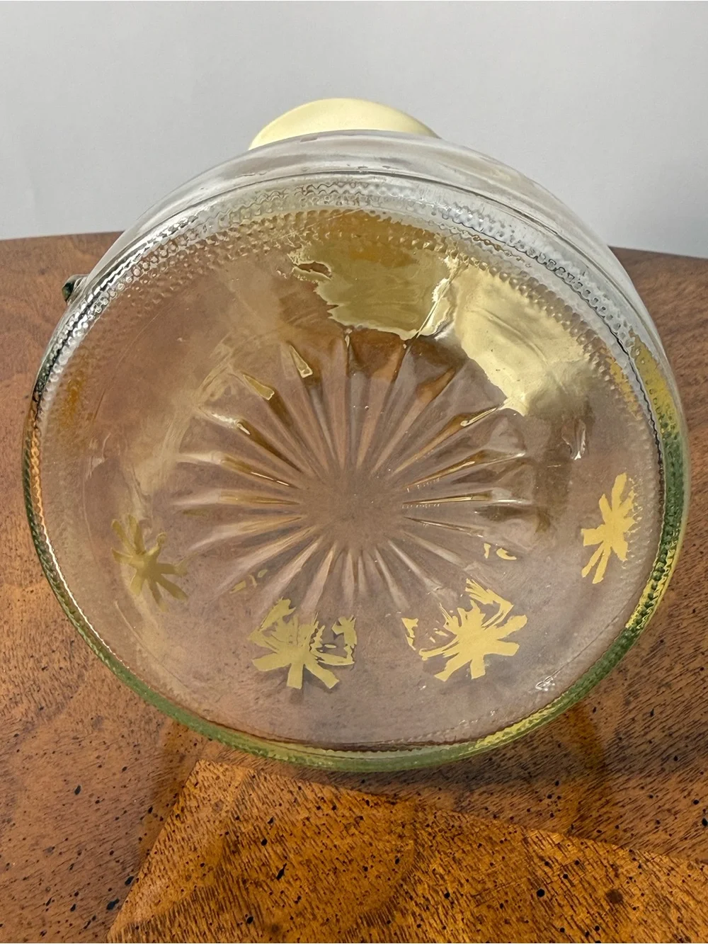 Vintage Pyrex Log Cabin Syrup Glass Pitcher with Cream Top and Gold Starburst